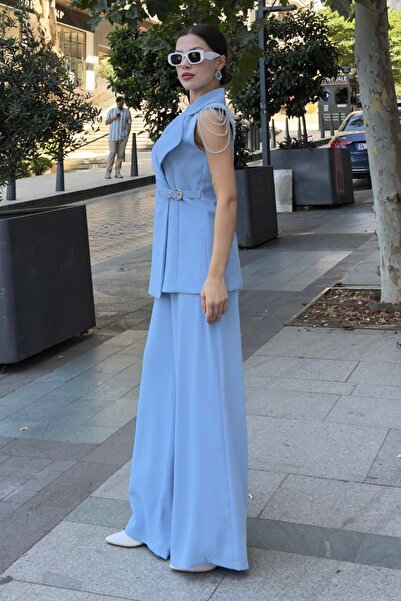 lodmela Asymmetrical Evening Dress Set with Shoulder Processing Detail 2389-Blue