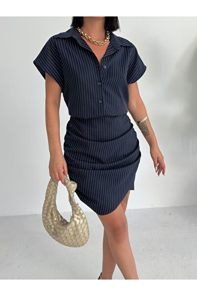 aytenli Guler cămașă Mânecă scurtă Fusta cu șnur lateral Partea de jos Asimetrică Jumătate de nasturi Dungi Mini rochie dublă