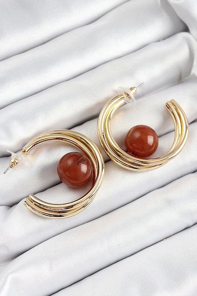 PRATİKOBA Bfs Brass Gold Color Hoop Model Brown Bead Detail Women's Earrings