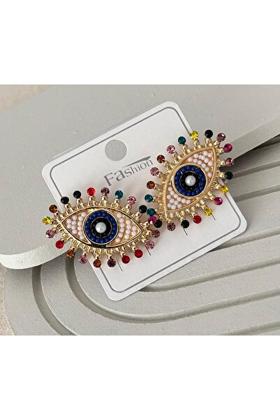 juleeco Göz Renkli Zirkon Taşlı Gold Küpe(4x2,5cm)