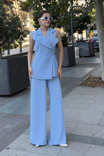 lodmela Asymmetrical Evening Dress Set with Shoulder Processing Detail 2389-Blue