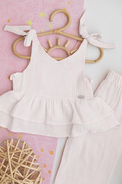 PİTABABY Girl's White Pants Blouse Muslin Double Set