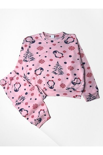 Pajama Shop Girls' Cotton Fabric Baby Color Ribbed Penguin Patterned Long Sleeve Winter Pajama Set