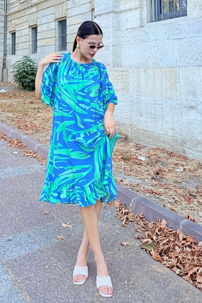 lodmela Lapel Elastic Ruffle Detail Comfortable Form Viscose Dress 6024-Indigo