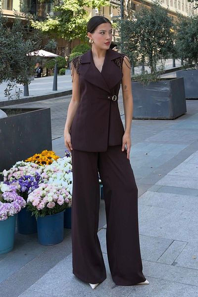 lodmela Asymmetrical Evening Dress Set with Shoulder Processing Detail 2389-Brown