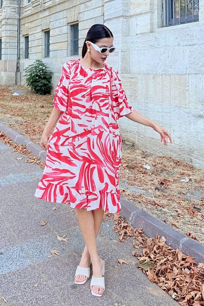 lodmela Lapel Elastic Ruffle Detail Comfortable Form Viscose Dress 6024-Fuchsia