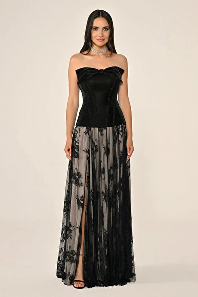 ALFABETA ÜST BEDEN LATEKS ETEGİ DANTEL DERİN YIRTMAÇLI ŞIK UZUN ELBİSE