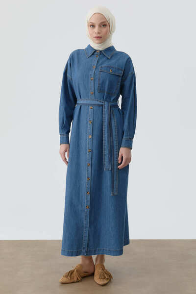 Tuğba Kuşaklı Gömlek Elbise - İndigo