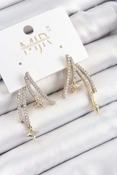 PRATİKOBA Bfs Brass Zircon Stone Shooting Star Model Gold and Silver Color Women's Earrings