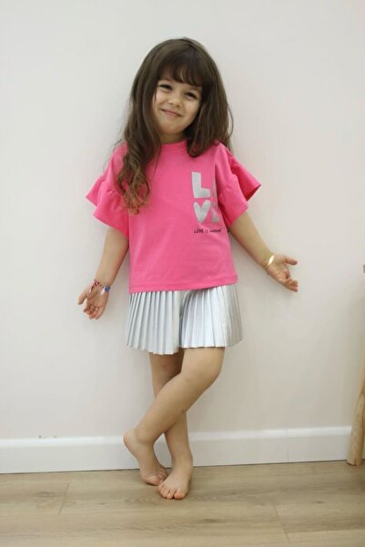 morbella Girl's Glittery Pleated Skirt Suit - Pink