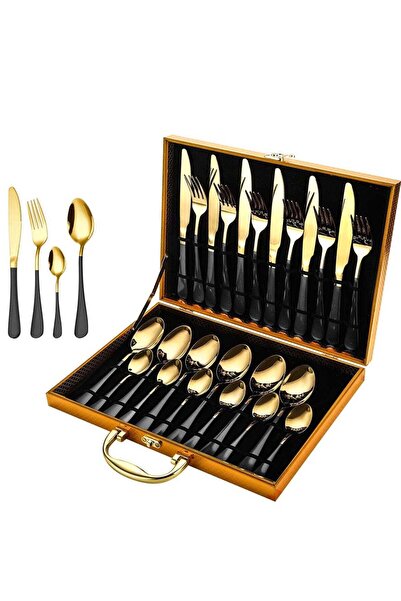 huitich 24 Pcs Stainless Steel Reusable Spoon Fork And Knives Gold Black Colo...