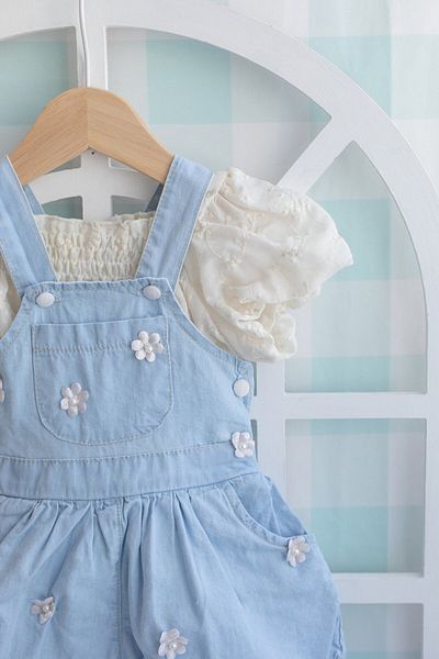 PİTABABY 🌼   Embroidered Blouse & Floral Appliqué Jumpsuit 2-Piece Baby Girl Set
