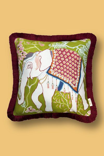 Alseko Concept Husă de pernă decorativă pătrată de 43x43 cm cu ciucuri de burgundă și model de elefant