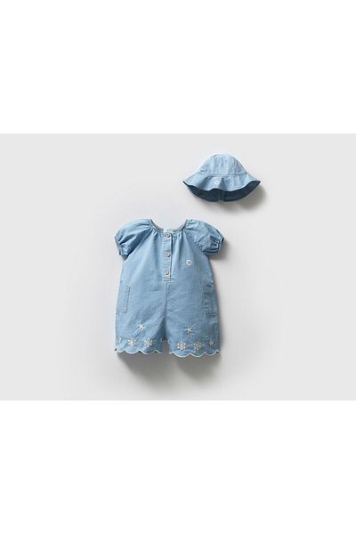 PİTABABY 100% Cotton Hat Embroidered Baby Girl Jumpsuit – Denim Blue