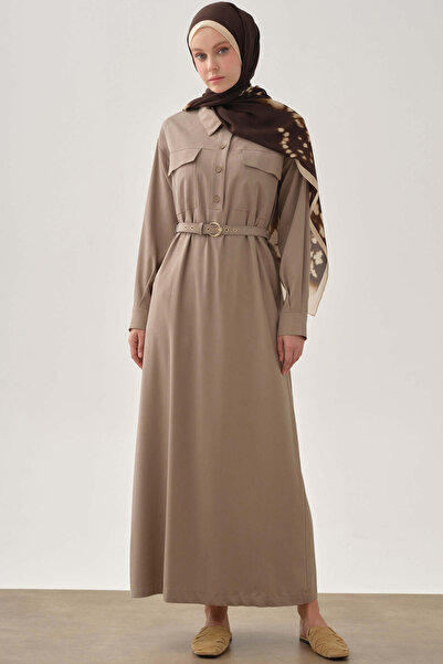 Tuğba Yarım Patlı Kemerli Elbise - Vizon