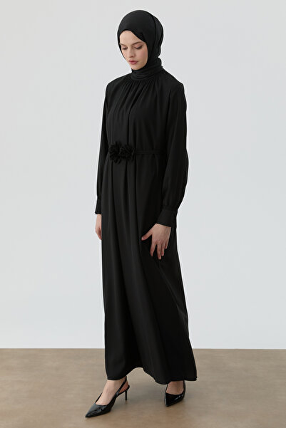 Tuğba Yaka Ve Bilek Lastik Detaylı Elbise - Siyah