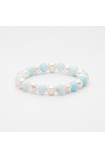 ElectraStore Handmade Bracelet Made of Natural Aquamarine Stones and Pearls
