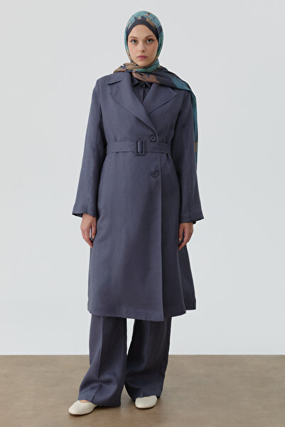 Tuğba Kemerli Keten Trenç - İndigo