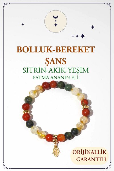 Orenda Design Citrine Natural Stone –Jade–Yemen Agate-Fatma Anın's Hand Bracelet Natural Stone (Abundance-Bereket-Luck)