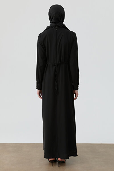 Tuğba Yaka Ve Bilek Lastik Detaylı Elbise - Siyah