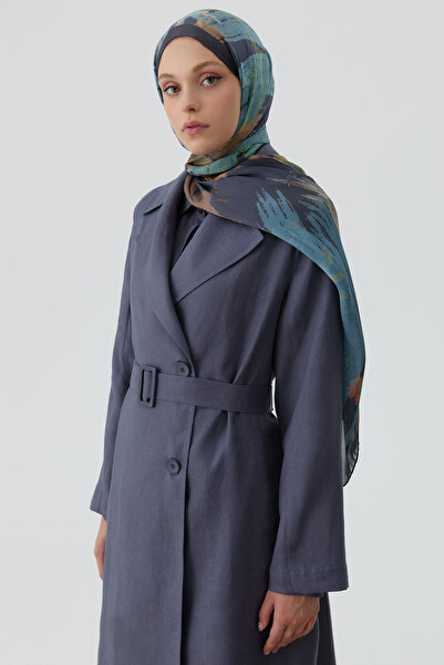 Tuğba Kemerli Keten Trenç - İndigo