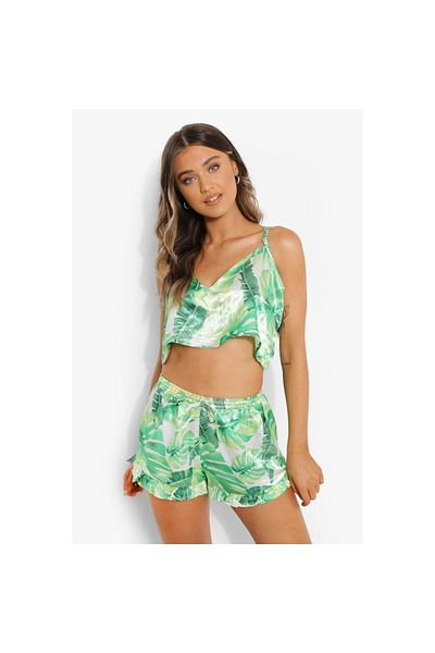 Findit Green Ruffle Shorts Pajama Set