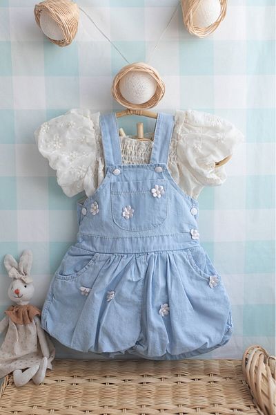 PİTABABY 🌼   Embroidered Blouse & Floral Appliqué Jumpsuit 2-Piece Baby Girl Set
