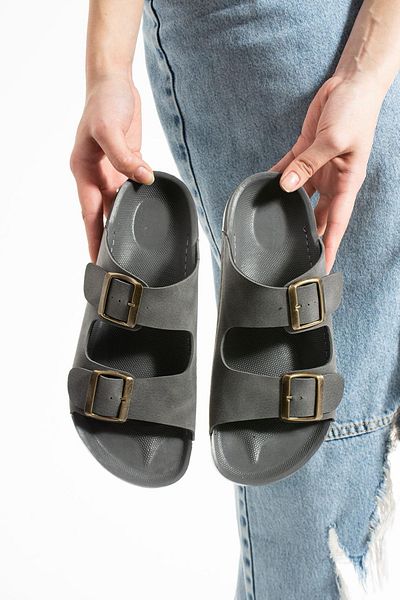 LUXEON Women's Gray Daily Double Buckle Non-Slip Sole Slippers Comfortable Sole Stylish Lightweight Sea Beach Pool Sandals