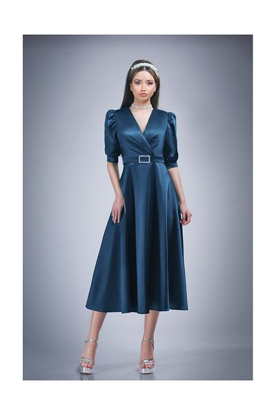 OPHIRA Midi Satin Occasion Dress in Petrol Blue