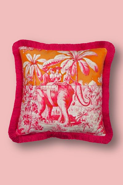 Alseko Concept Husă de pernă decorativă pătrată de 43x43 cm cu ciucuri fucsia, model elefant fucsia
