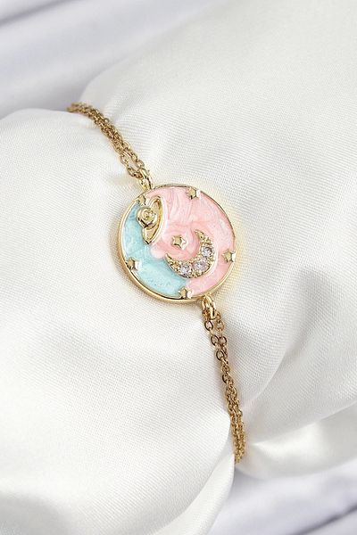 Mey İthalat Bfs 316L Steel Chain Enameled Artistic Portrait Zircon Stone Planet Model Gold Color Women's Bracelet