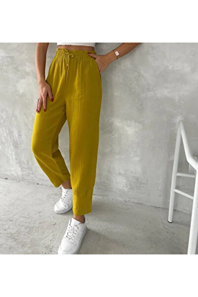 Melff Women's Fashion Oil Green Muslin Fabric, Elastic Waist, Pocket Comfortable Fit Pants