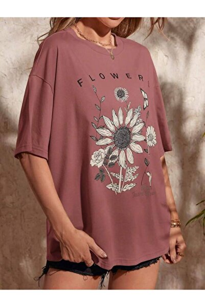 LAYORA Women's Oversize T-Shirt - Dusty Rose with Floral Pattern |   Comfortable and Stylish Daily Combination
