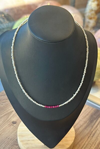 cicekartstudio Gerçek İnci ve Doğal Yakut Taşı Minimal Kolye | El Yapımı Zari...