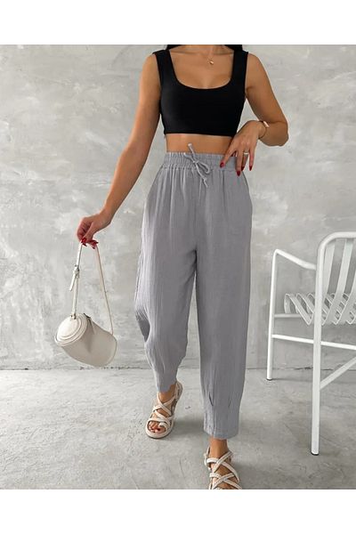 Melff Women's Fashion Light Gray Muslin Fabric, Elastic Waist, Pocket Comfortable Fit Pants