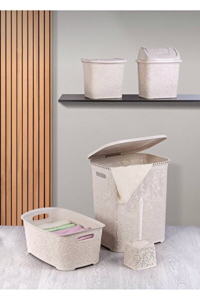 CEZVE HOME Dantel Desen 5 Parça Banyo Seti Kirli Sepeti- Çamaşır Selesi- Dete...