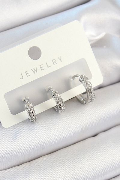 PRATİKOBA Bfs brass zircon stone ring model silver color 3 pairs women's earring set