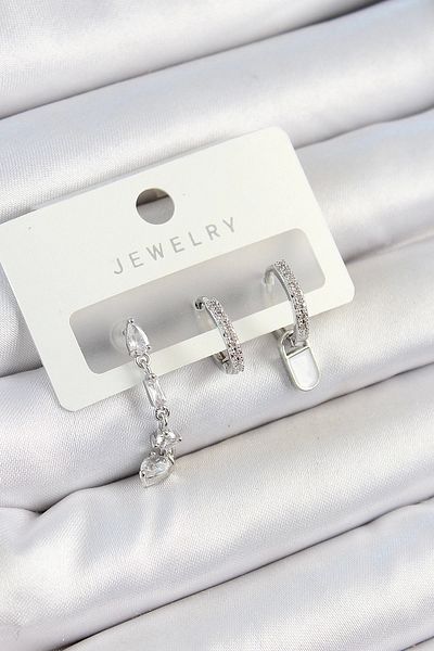 PRATİKOBA Bfs brass zircon stone dangle model silver color 3 pairs women earrings set