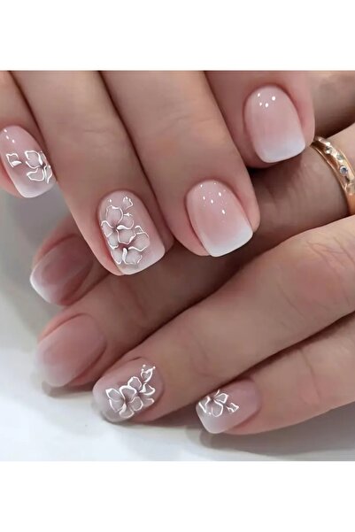 TREND 24'lü Pembe Gradyan Çiçek Desen detaylı Takma El Protez Tırnak Seti - Jel yapışkan & törpü dahil