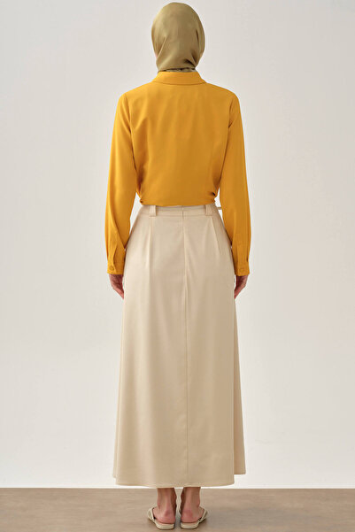 Tuğba Pileli İnce Kemerli Etek - Ekru