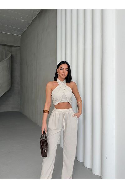 aytenli Cross Neck Tie Elastic Top Lace up Size Elastic Waist Palazzo Trousers Linen Suit