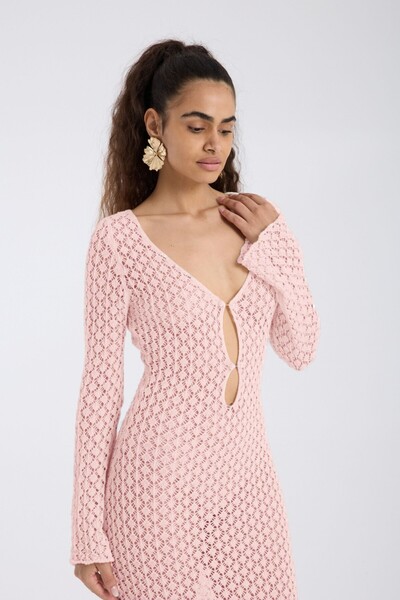 Denivy Knitted Detailed V-Neck Long Dress Dnv-000136