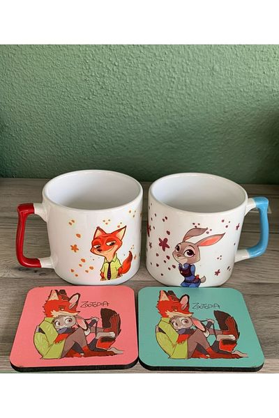 GünayStore Zootropolis Nick and Judy 2-Piece Couple Lover Cup with Coasters 4 Pieces