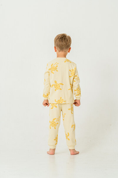 Modonoff Organik Pamuklu Alt-Üst Pijama Takımı 3-12 Yaş Sarı Kaplumbağa