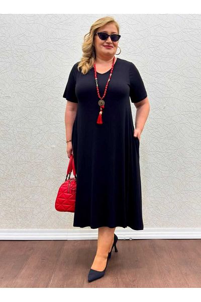 KLEERMAKER Women's Plus Size Cotton Viscose Fabric Black Dress with Pockets