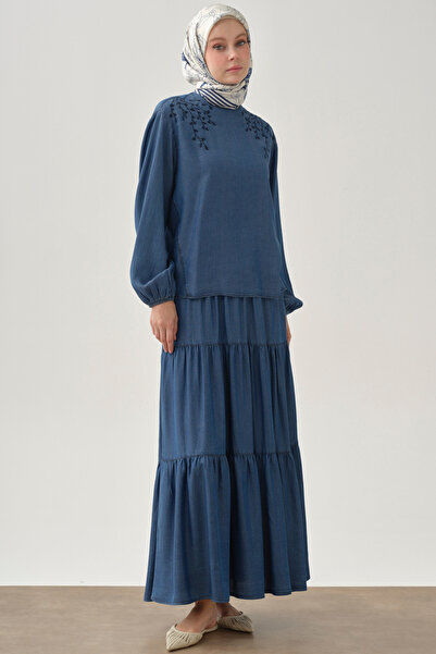 Tuğba Gizli Cepli Çingene Eteği - İndigo