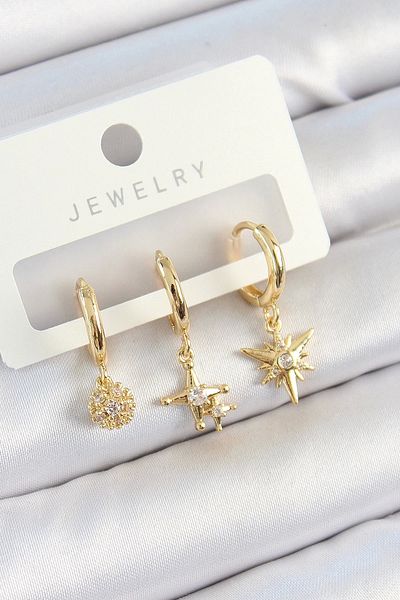 PRATİKOBA Bfs brass zircon stone star model gold color 3-piece double women's earring set