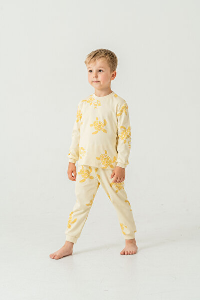Modonoff Organik Pamuklu Alt-Üst Pijama Takımı 3-12 Yaş Sarı Kaplumbağa