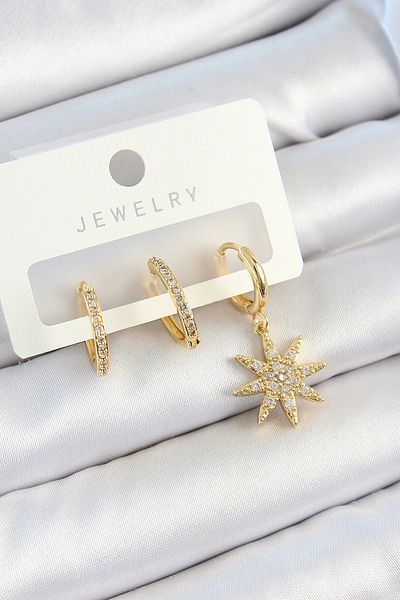 PRATİKOBA Bfs brass zircon stone pole star model gold color 3-piece double women's earring set