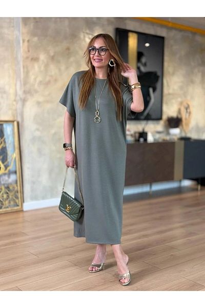 Gökyüzü Moda Women's Short Sleeve Crew Neck Shoulder Button Long Viscose Two Thread Dress